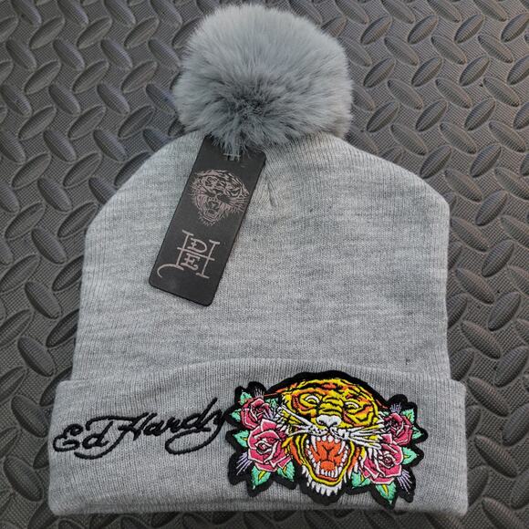 Ed Hardy Embroidered Tiger Pom Beanie Gray Y2K Tattoo Aesthetic NWT main image 2